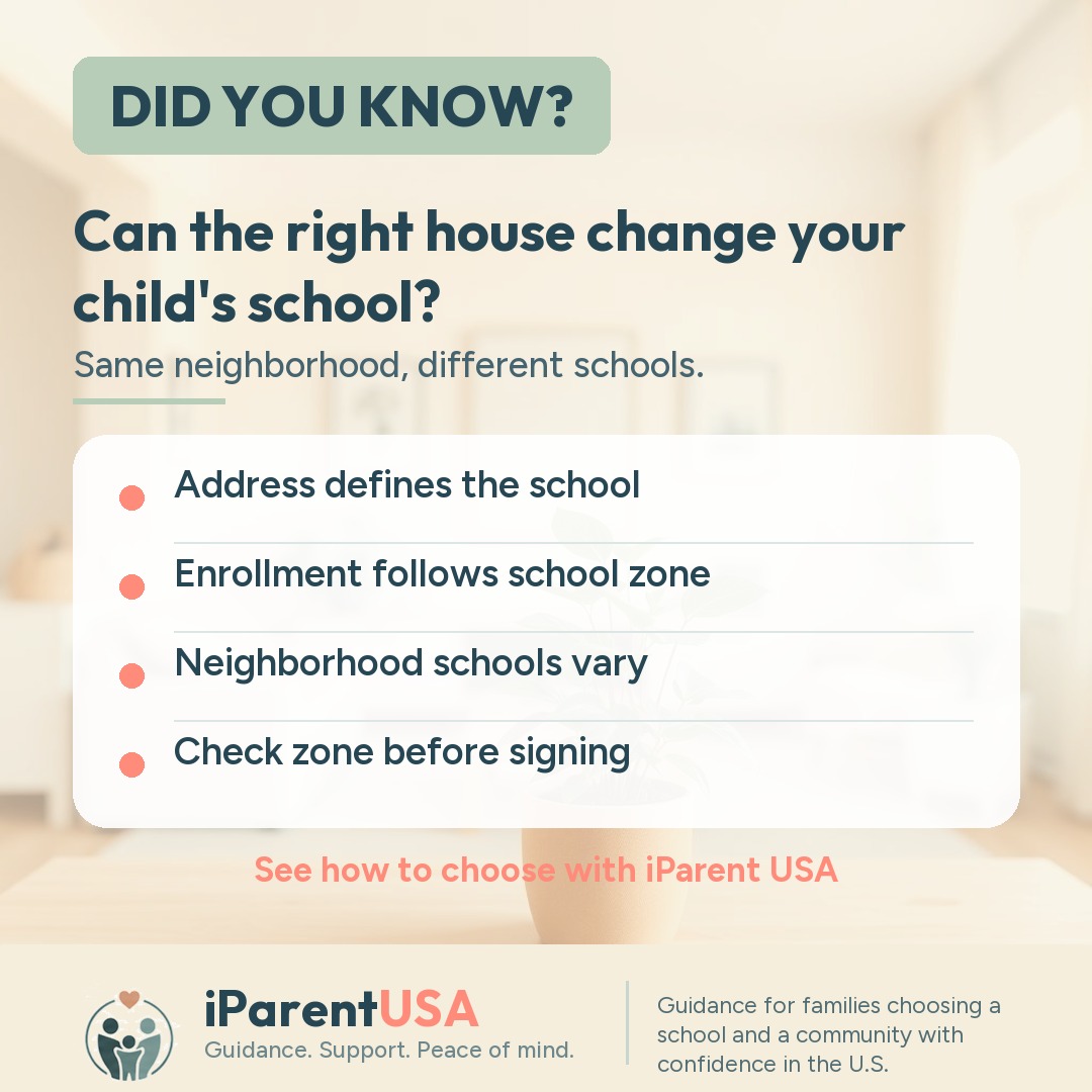 Illustration of a family standing in front of a house inside a U.S. school zone
