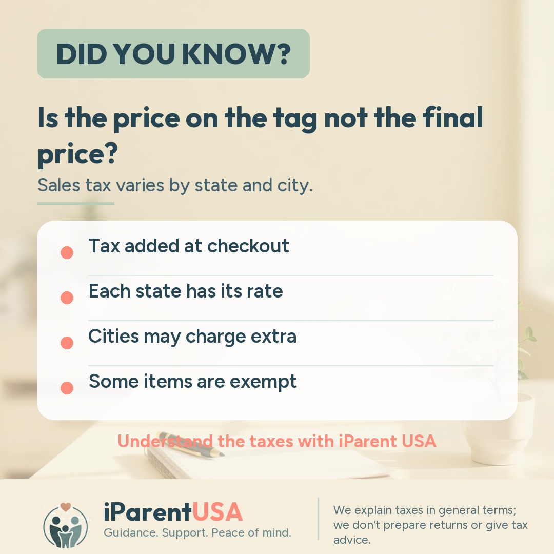 Illustration of a shopping receipt showing the subtotal and sales tax added to the final amount