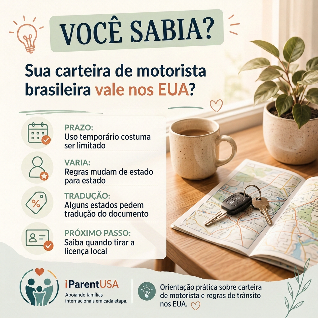 Ilustração de uma carteira de motorista ao lado de um mapa dos Estados Unidos destacando diferentes estados