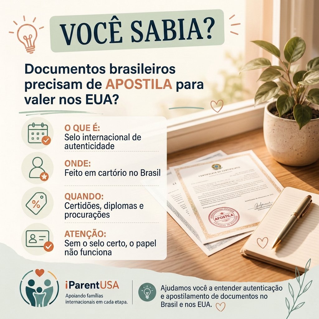 Ilustração de um documento oficial com um selo de apostila e um carimbo de autenticação