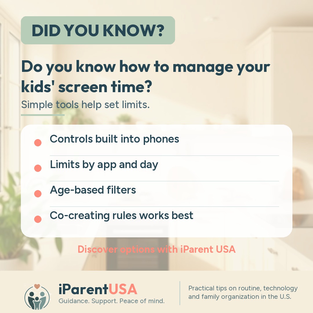 Child using a tablet at home while parents oversee screen routine