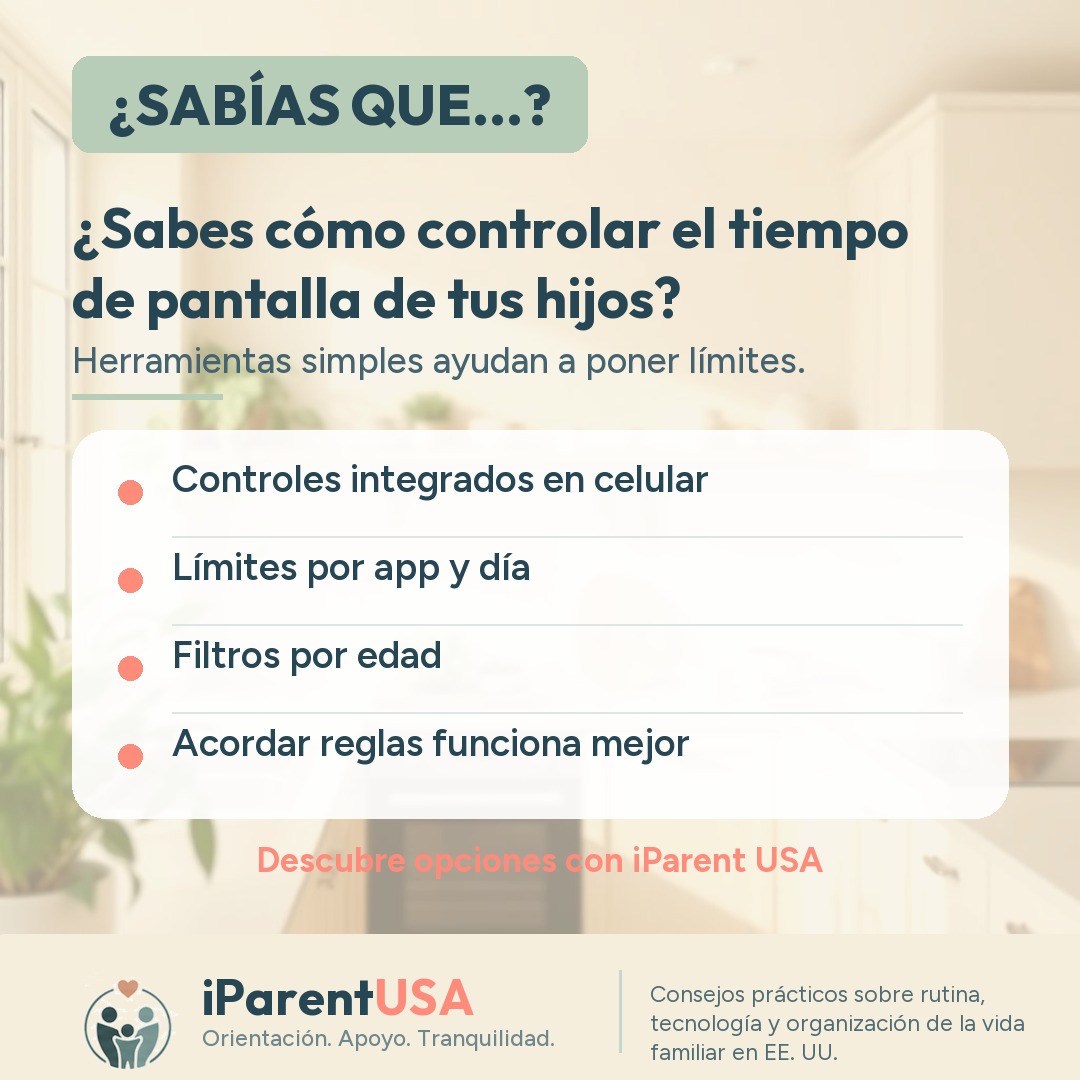 Niño usando una tableta en casa mientras los padres supervisan la rutina de pantalla