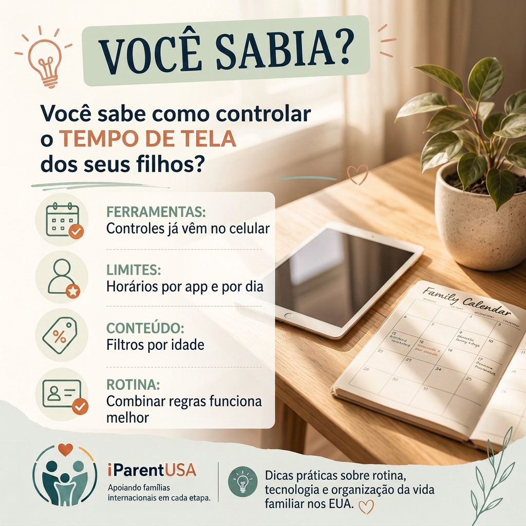 Criança usando tablet em casa enquanto pais observam a rotina de tela