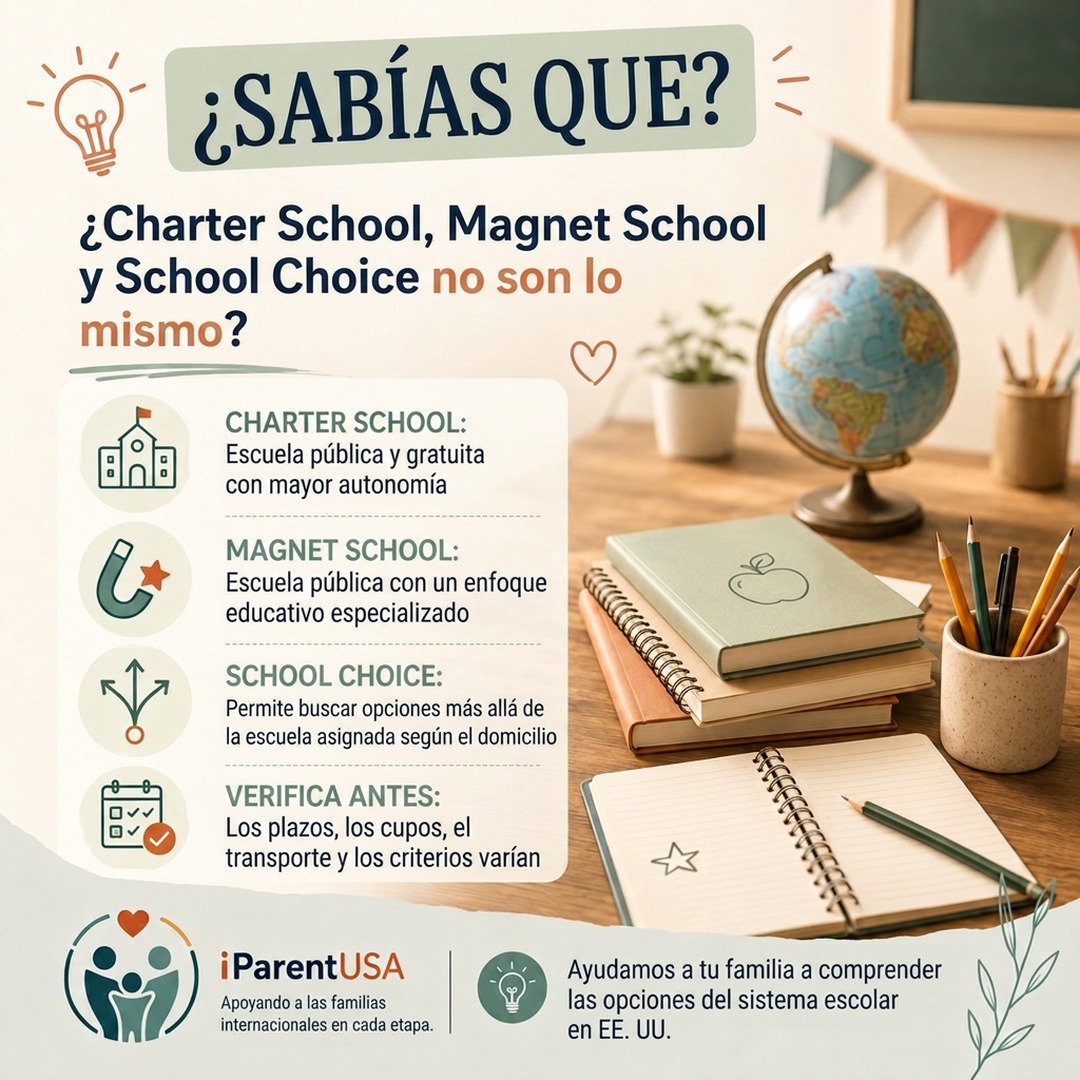 Ilustración de niños frente a distintos tipos de edificios escolares en EE. UU.