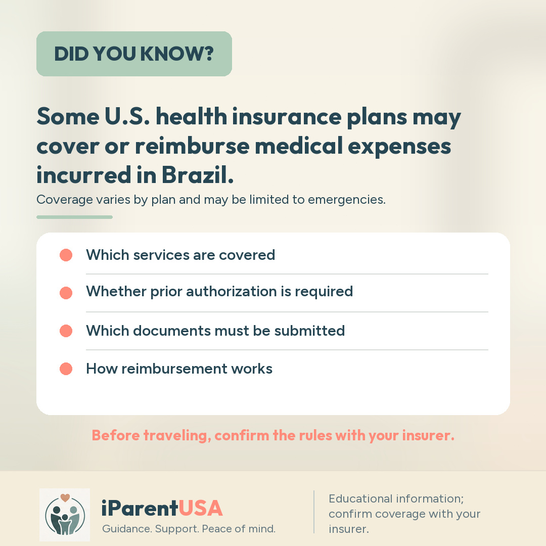Illustration of a health insurance card next to a map connecting the U.S. and Brazil