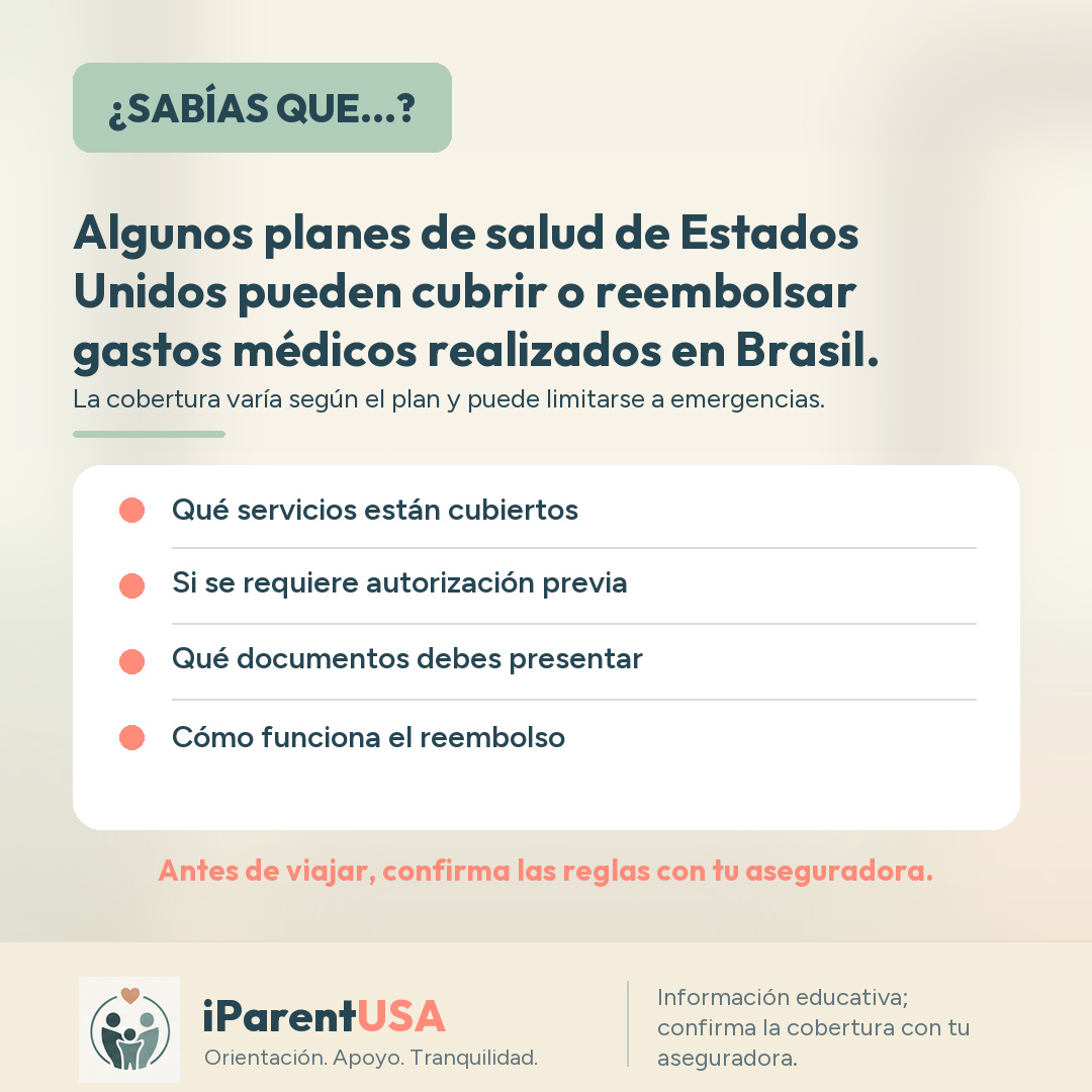 Ilustración de una tarjeta de seguro de salud junto a un mapa entre EE. UU. y Brasil