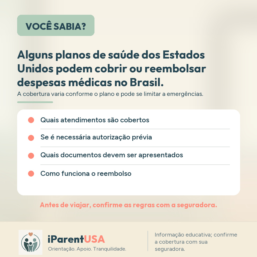 Ilustração de um cartão de seguro saúde ao lado de um mapa entre EUA e Brasil