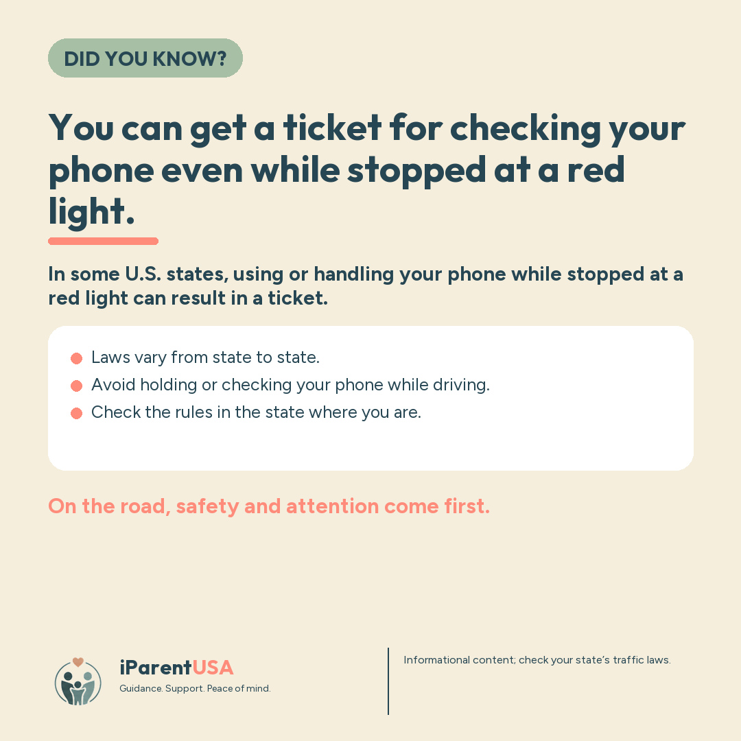 Driver holding a phone while stopped at a red light