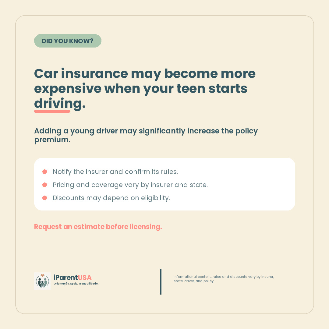 Family discussing car insurance costs when a teenage child starts driving in the United States