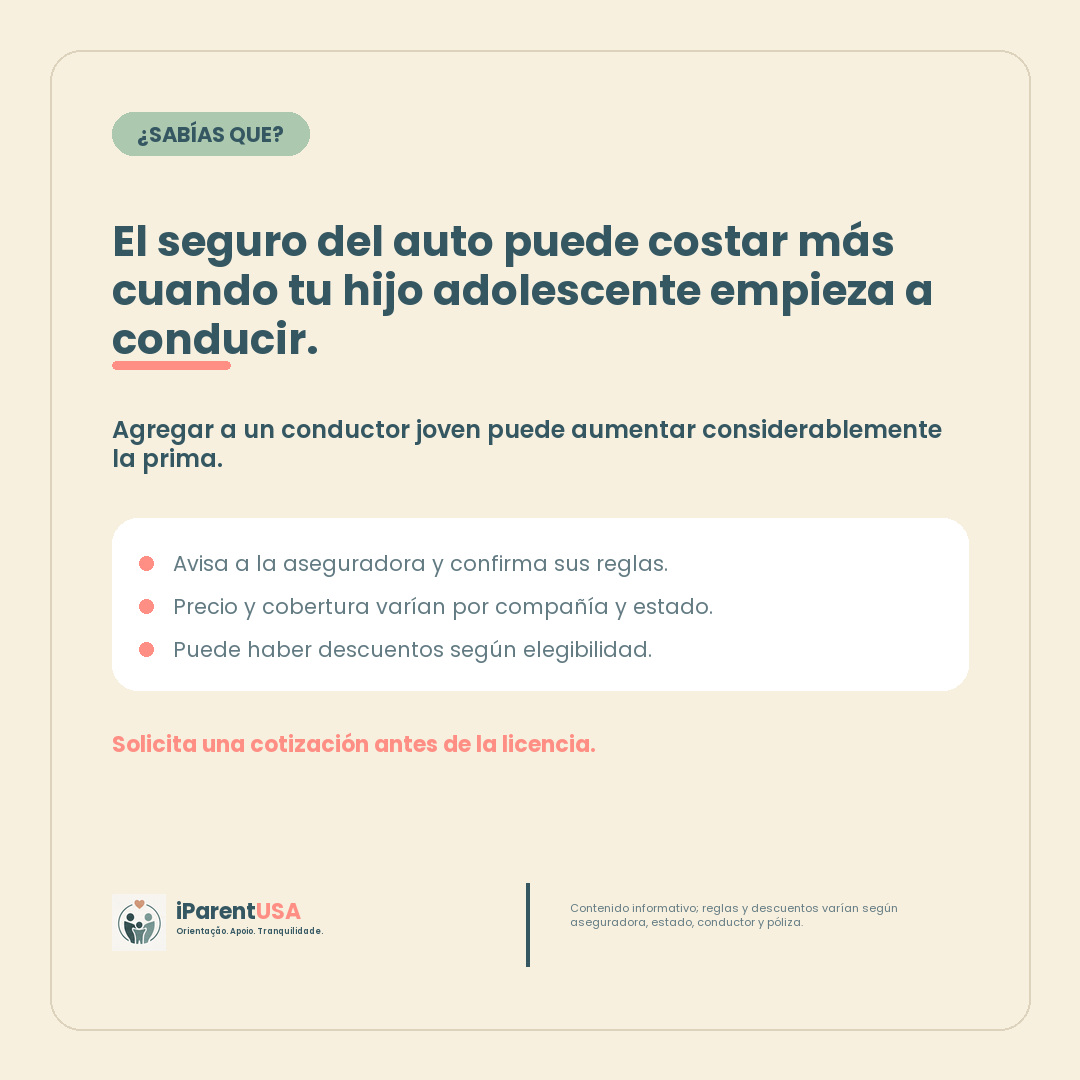 Familia conversando sobre el costo del seguro cuando un hijo adolescente empieza a conducir en Estados Unidos
