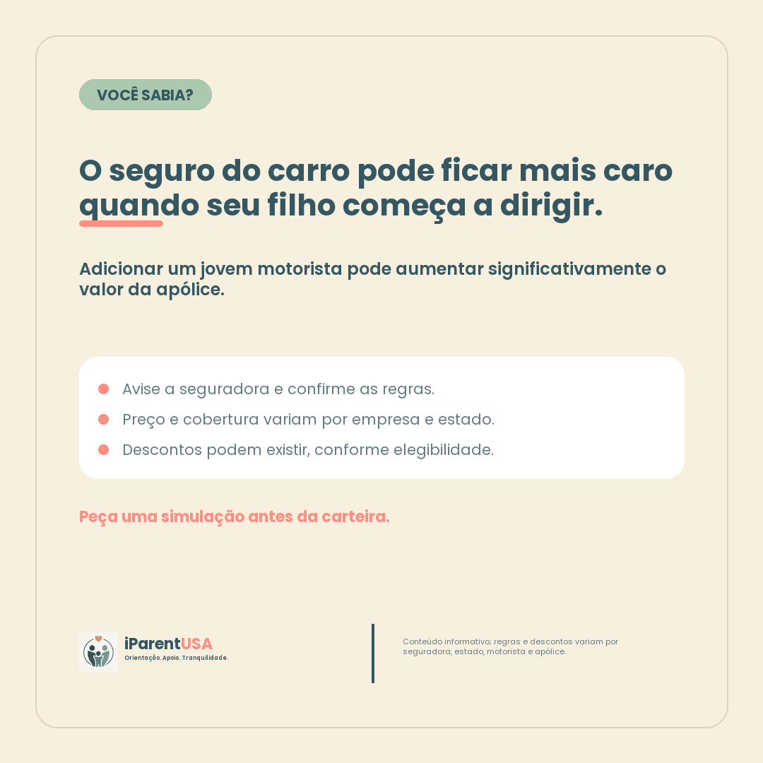 Família conversando sobre o custo do seguro quando um filho adolescente começa a dirigir nos Estados Unidos