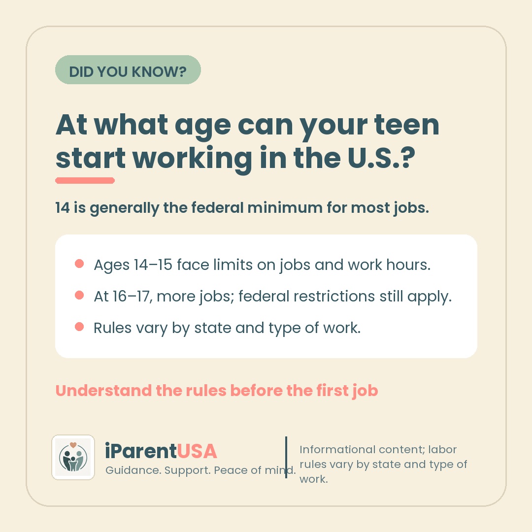 iParent USA blog artwork explaining the minimum age for a teenager to start working in the United States.