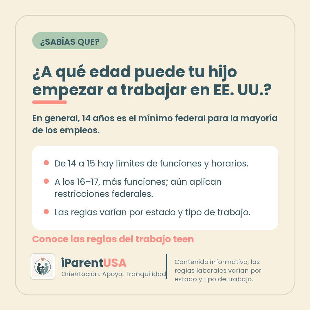 Arte del blog iParent USA explicando la edad mínima para que un adolescente empiece a trabajar en Estados Unidos.