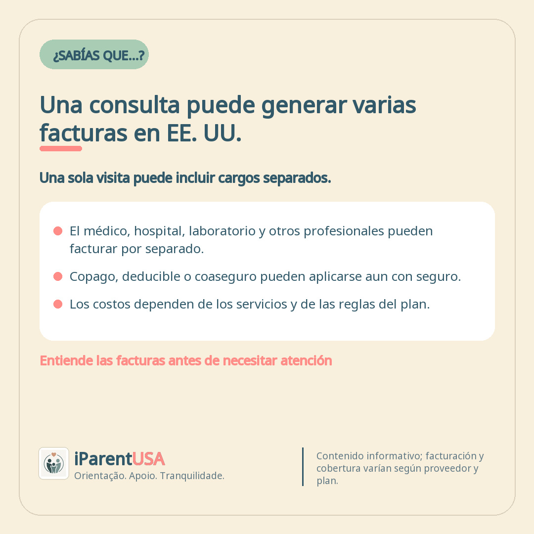 Arte del blog iParent USA explicando por qué una consulta médica puede generar varias facturas separadas en Estados Unidos.