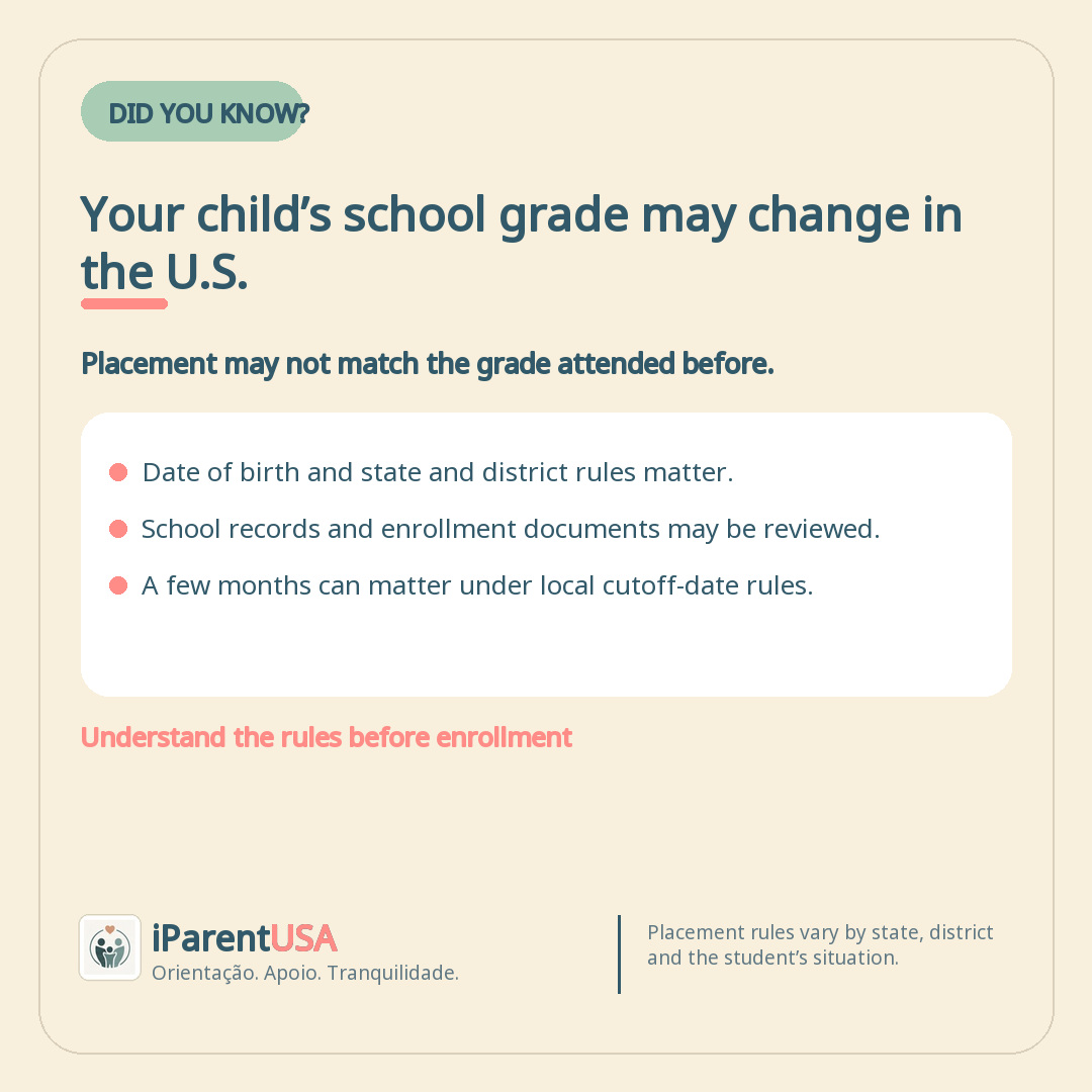 iParent USA blog artwork explaining why a child's school grade placement may change when enrolling in a school in the United States.