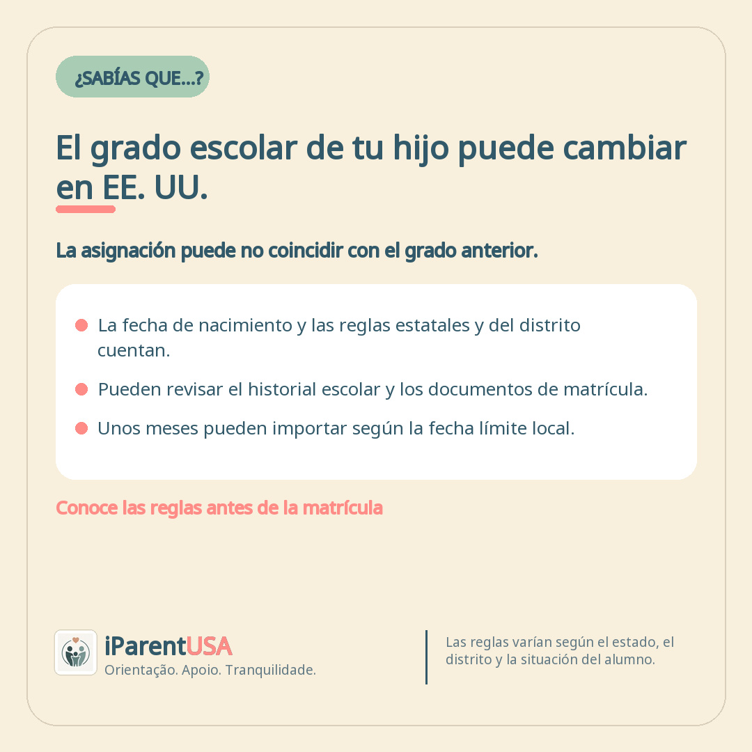 Arte del blog iParent USA explicando por qué el grado escolar de un niño puede cambiar al matricularse en una escuela de Estados Unidos.