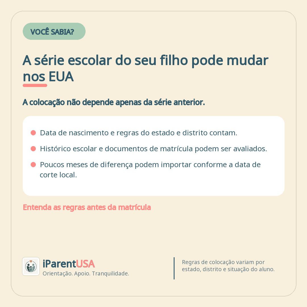 Arte do blog iParent USA explicando por que a série escolar de uma criança pode mudar ao entrar em uma escola nos Estados Unidos.